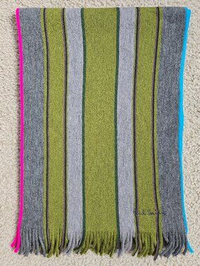 NWOT Paul Smith Scarf 100% Wool Knit Stripe Scarf Grey Green
